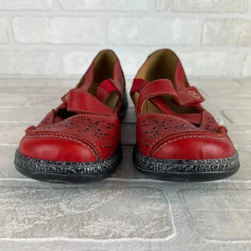SPRING‎ STEP Womens 40 9 Red Leather Strappy Flats Artsy Boho Cut-Out Comfort